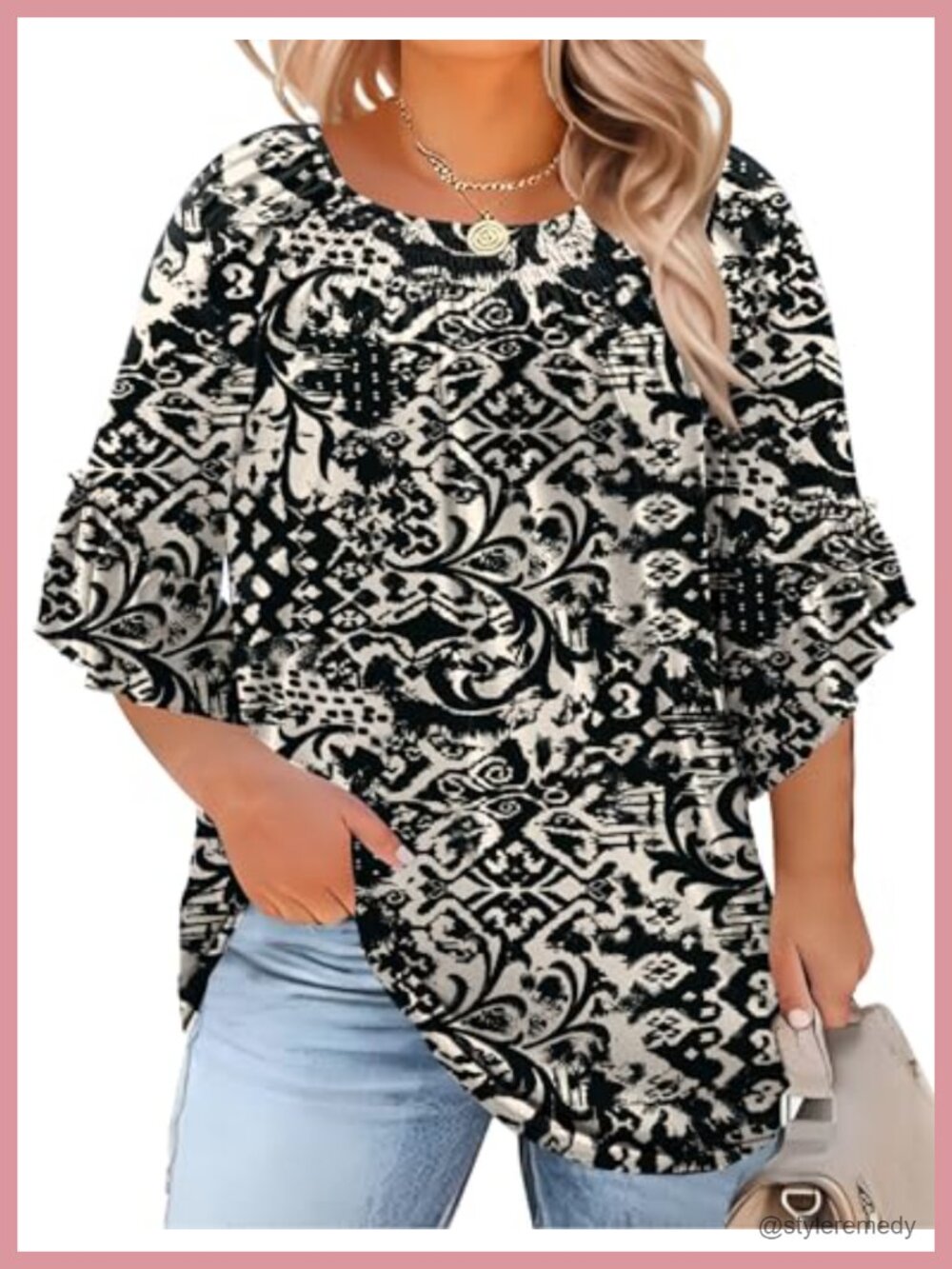 Womens Plus Size Tunic Top 3/4 Ruffle Sleeve Pleated Crewneck Blouse
